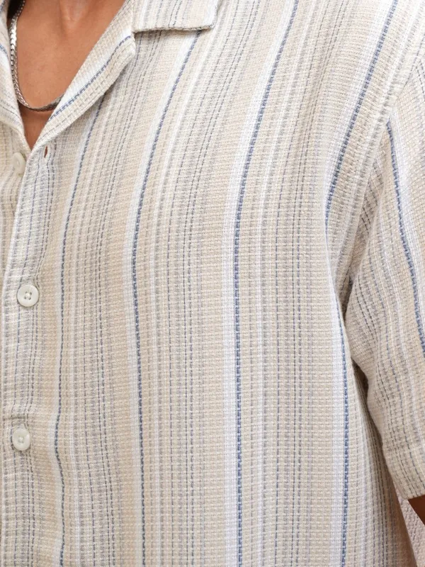 Locomotive Men Beige Striped Relaxed Fit Casual Shirt