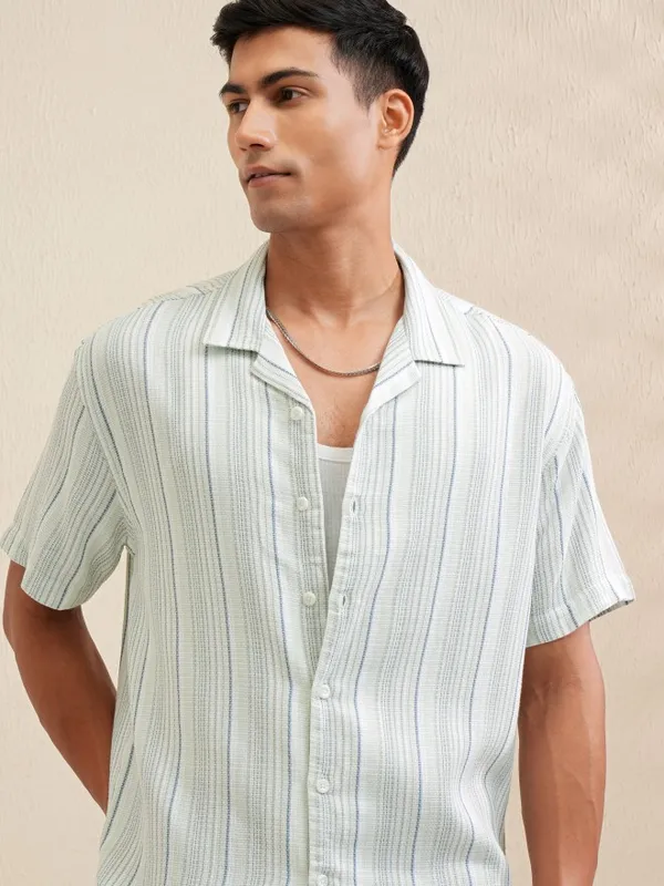 Locomotive Men Green Striped Relaxed Fit Casual Shirt