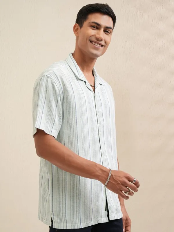 Locomotive Men Green Striped Relaxed Fit Casual Shirt