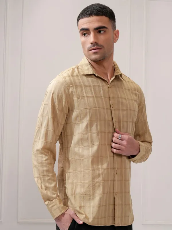 Locomotive Men Khaki Checked Regular Fit Casual Shirt