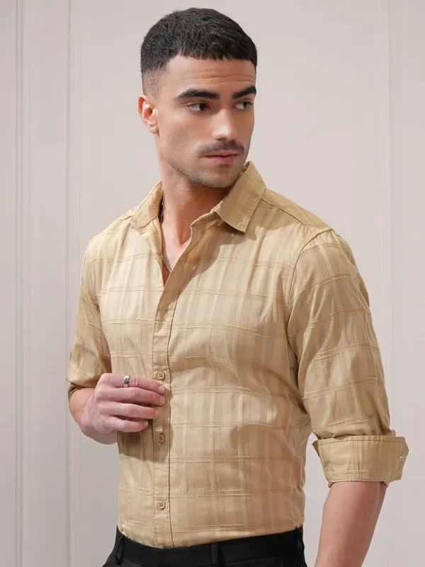 Locomotive Men Khaki Check Regular Fit Casual Shirt