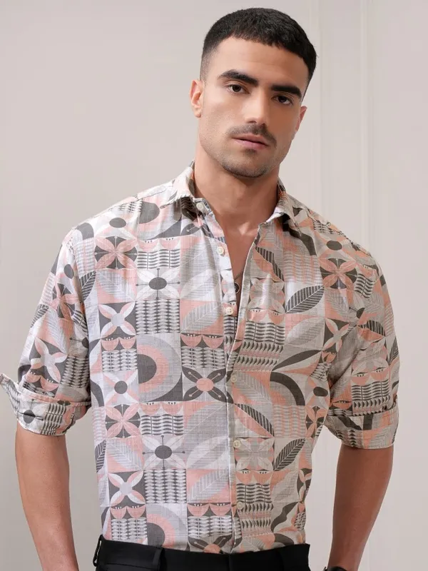 Locomotive Men Peach Printed Relaxed Fit Casual Shirt