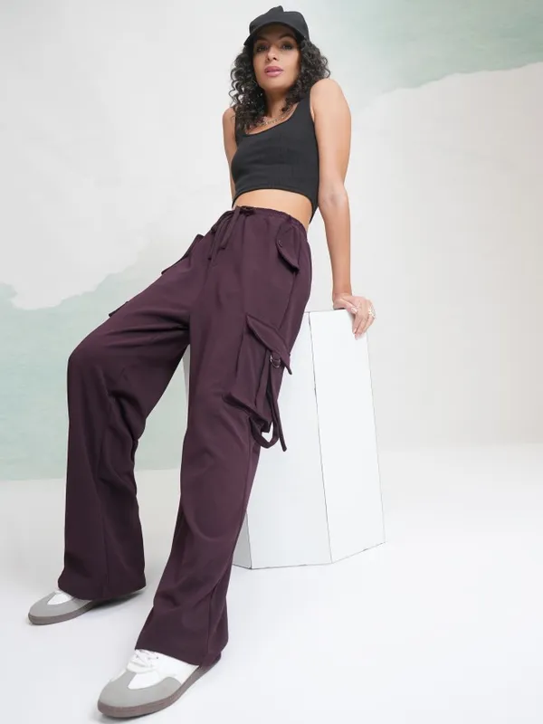 Tokyo Talkies Women Purple Solid Straight Fit Cargos