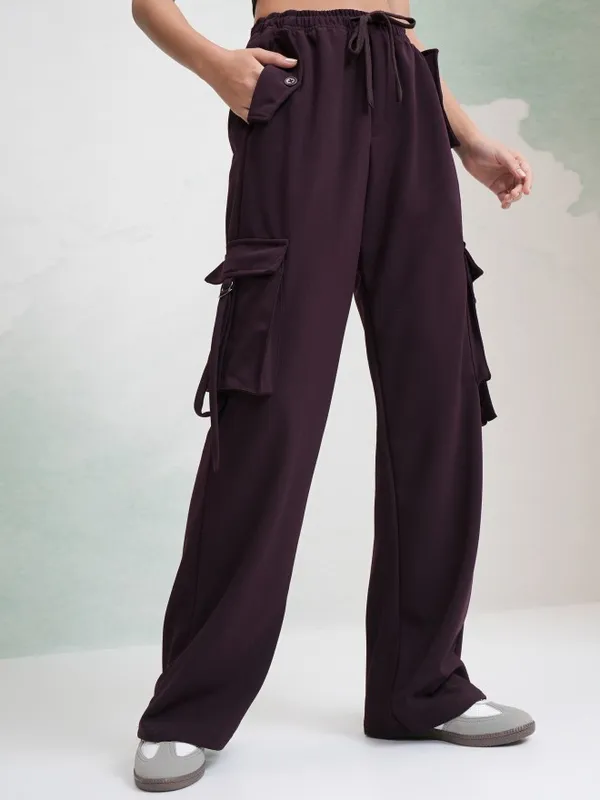 Tokyo Talkies Women Purple Solid Straight Fit Cargos