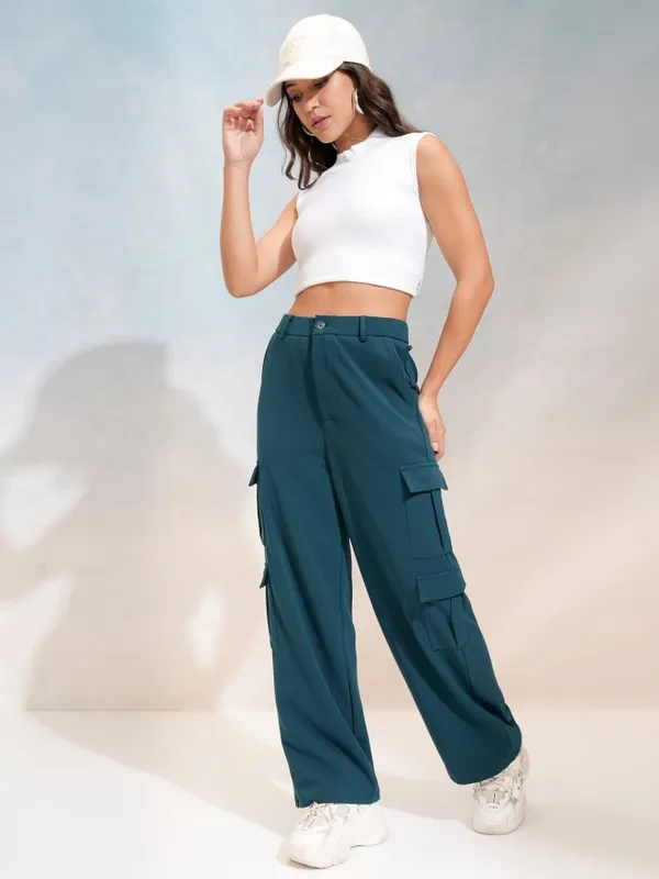 Tokyo Talkies Women Teal Regular Solid Cargos
