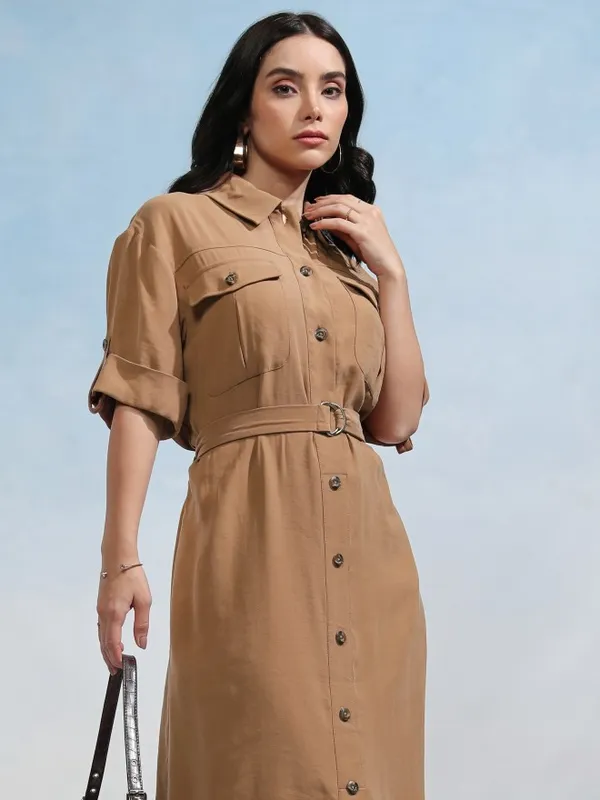 Tokyo Talkies Women Taupe Solid Shirt Dress