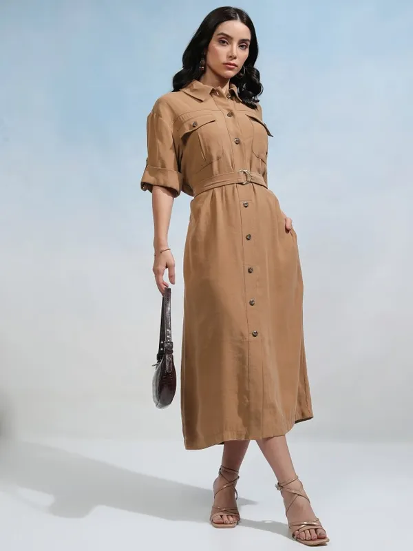 Tokyo Talkies Women Taupe Solid Shirt Dress