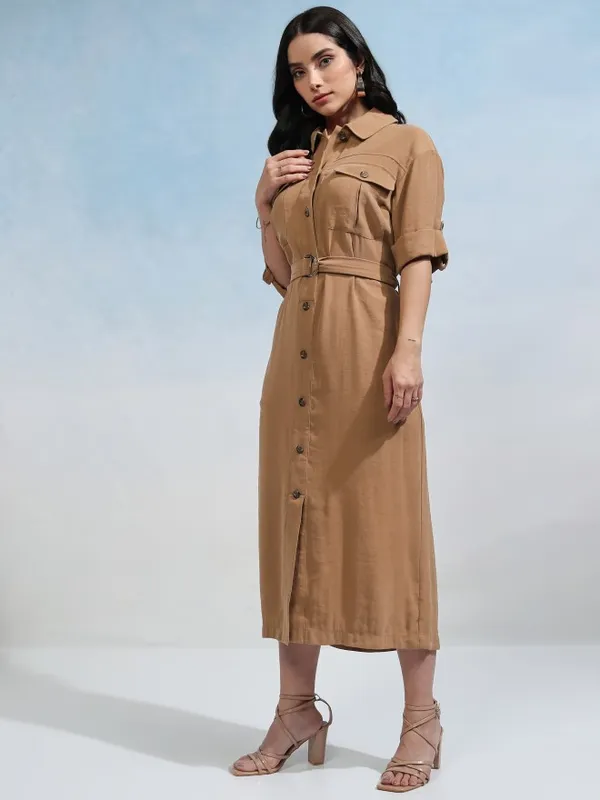 Tokyo Talkies Women Taupe Solid Shirt Dress