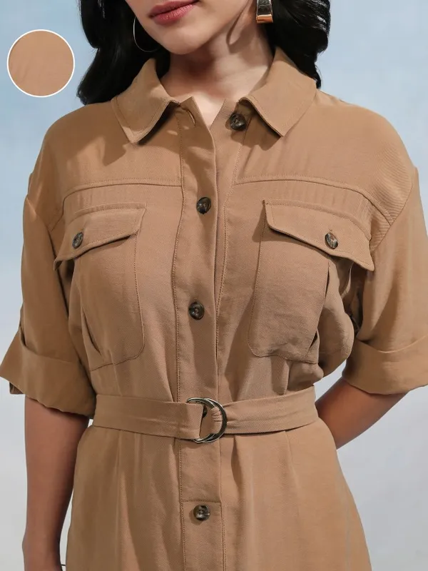 Tokyo Talkies Women Taupe Solid Shirt Dress