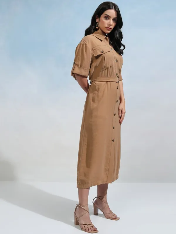Tokyo Talkies Women Taupe Solid Shirt Dress