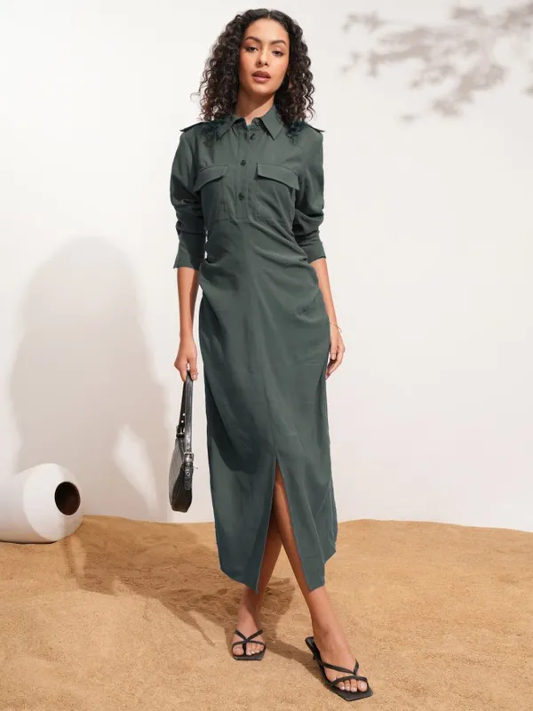 Tokyo Talkies Women Charcoal Solid Shirt Dress