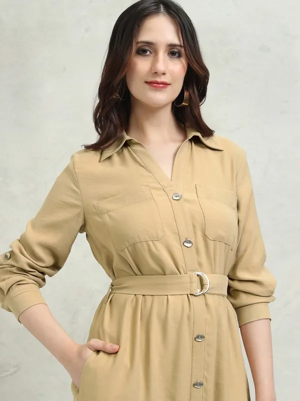 Tokyo Talkies Women Khaki Solid Shirt Dress
