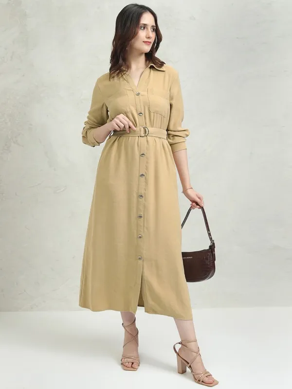 Tokyo Talkies Women Khaki Solid Shirt Dress