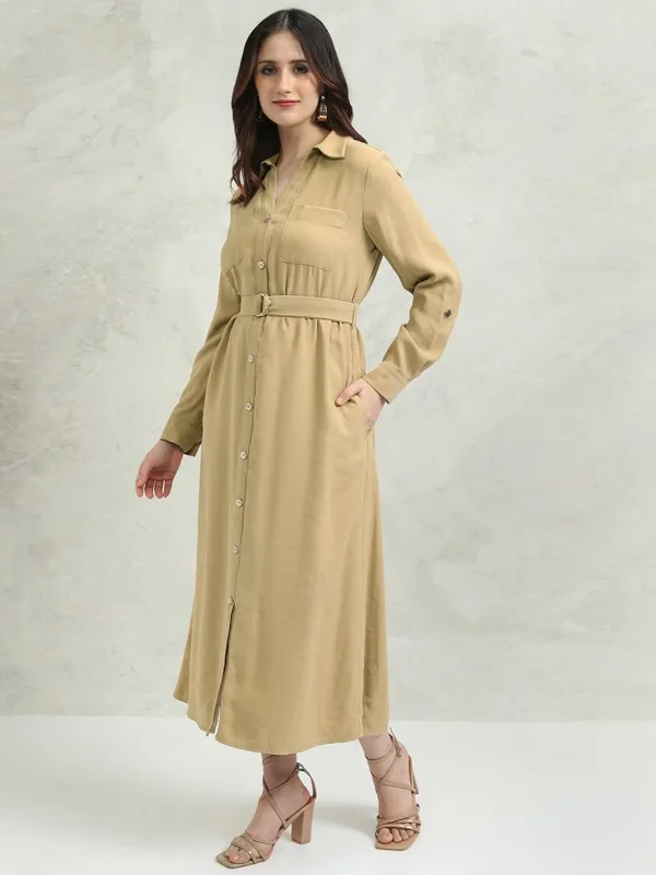 Tokyo Talkies Women Khaki Solid Shirt Dress