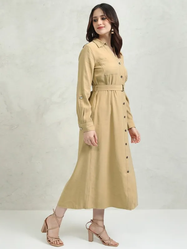 Tokyo Talkies Women Khaki Solid Shirt Dress
