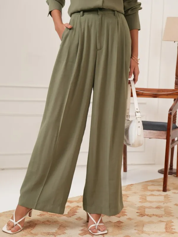 Tokyo Talkies Women Olive Solid Flared Casual Trouser