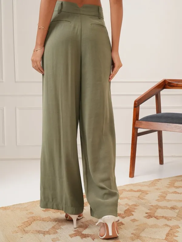 Tokyo Talkies Women Olive Solid Flared Casual Trouser