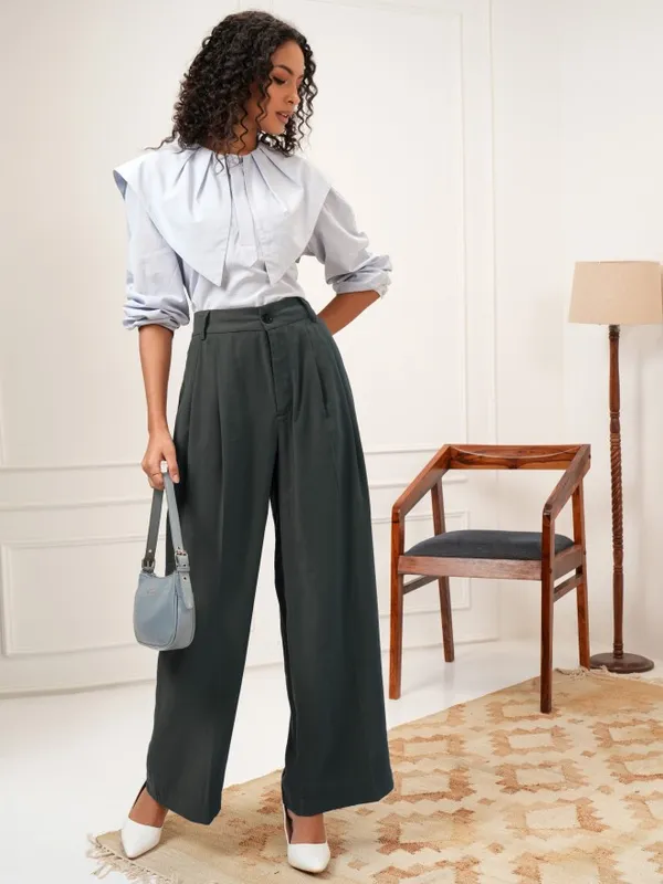 Tokyo Talkies Women Charcoal Solid Flared Casual Trouser