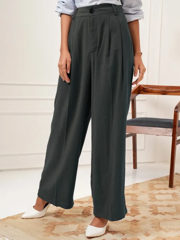 Tokyo Talkies Women Charcoal Solid Flared Casual Trouser