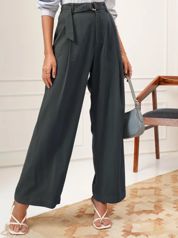 Tokyo Talkies Women Charcoal Solid Flared Casual Trouser
