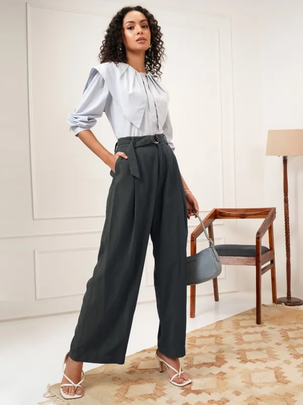 Tokyo Talkies Women Charcoal Solid Flared Casual Trouser