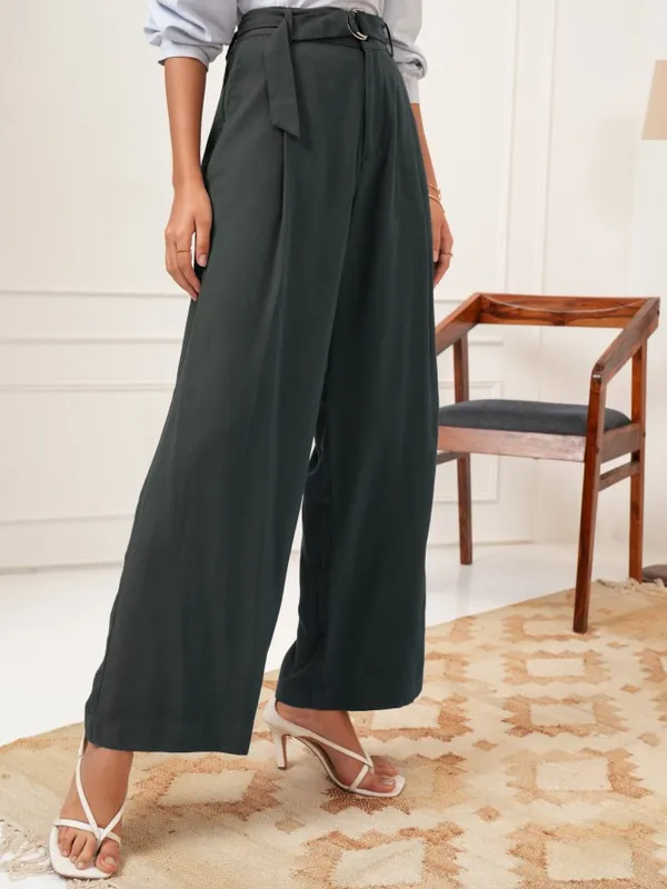 Tokyo Talkies Women Charcoal Solid Flared Casual Trouser
