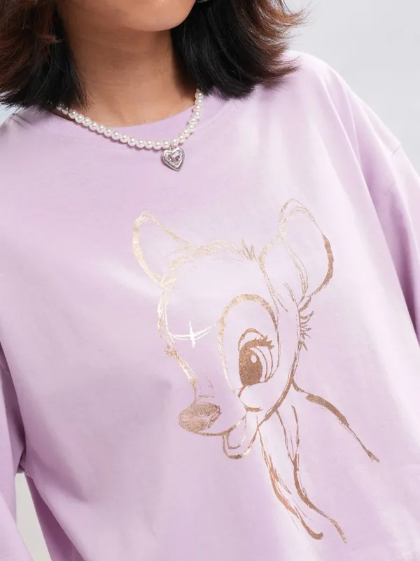 Disney By Tokyo Talkies Women Lavender Bambi Printed Round Neck T-Shirt