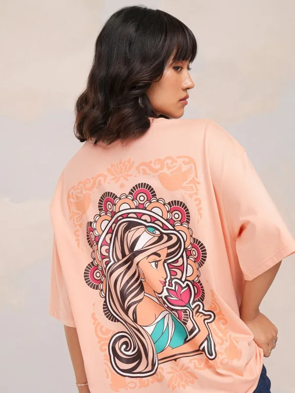 Disney By Tokyo Talkies Women Peach Jasmine Printed Round Neck Oversized Fit T-Shirt