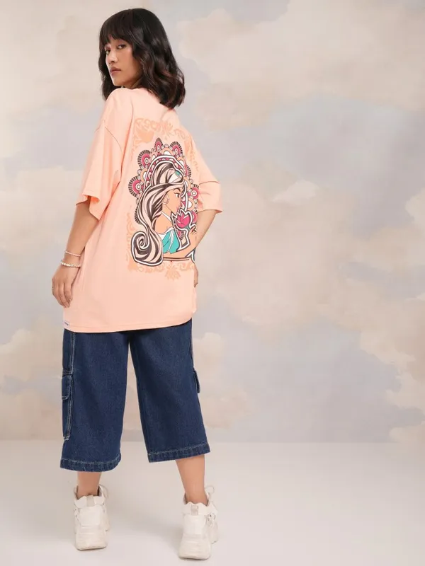Disney By Tokyo Talkies Women Peach Jasmine Printed Round Neck Oversized Fit T-Shirt