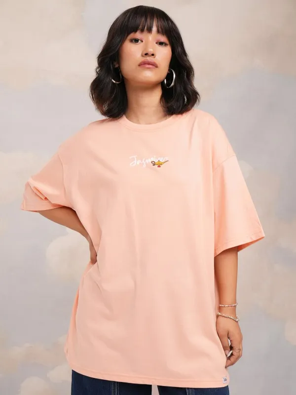 Disney By Tokyo Talkies Women Peach Jasmine Printed Round Neck Oversized Fit T-Shirt