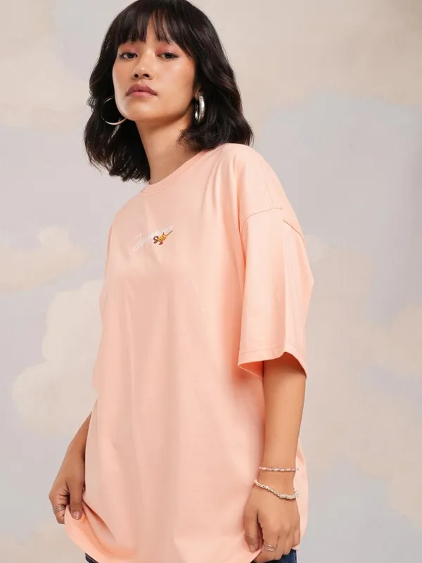 Disney By Tokyo Talkies Women Peach Jasmine Printed Round Neck Oversized Fit T-Shirt
