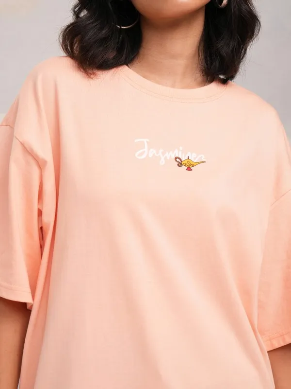 Disney By Tokyo Talkies Women Peach Jasmine Printed Round Neck Oversized Fit T-Shirt