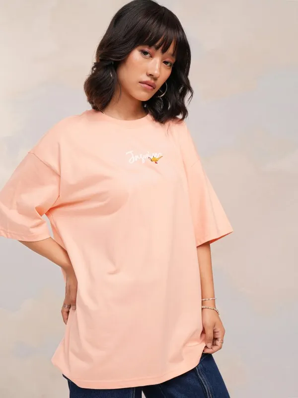 Disney By Tokyo Talkies Women Peach Jasmine Printed Round Neck Oversized Fit T-Shirt