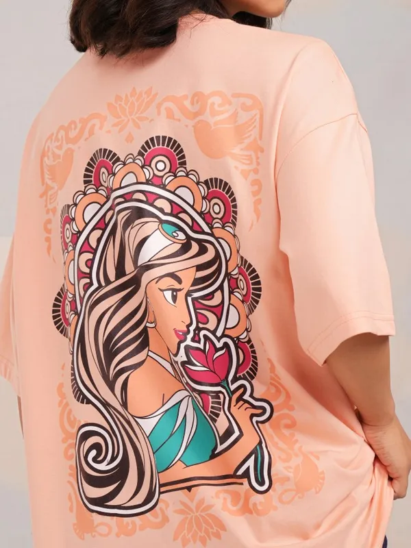 Disney By Tokyo Talkies Women Peach Jasmine Printed Round Neck Oversized Fit T-Shirt