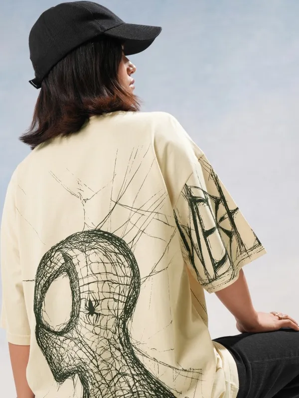 Marvel By Tokyo Talkies Women Beige Spider-Man Printed Round Neck T-Shirt