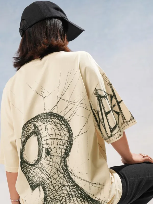 Marvel By Tokyo Talkies Women Beige Spider-Man Printed Round Neck T-Shirt