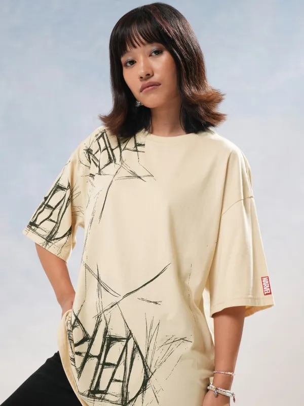 Marvel By Tokyo Talkies Women Beige Spider-Man Printed Round Neck T-Shirt