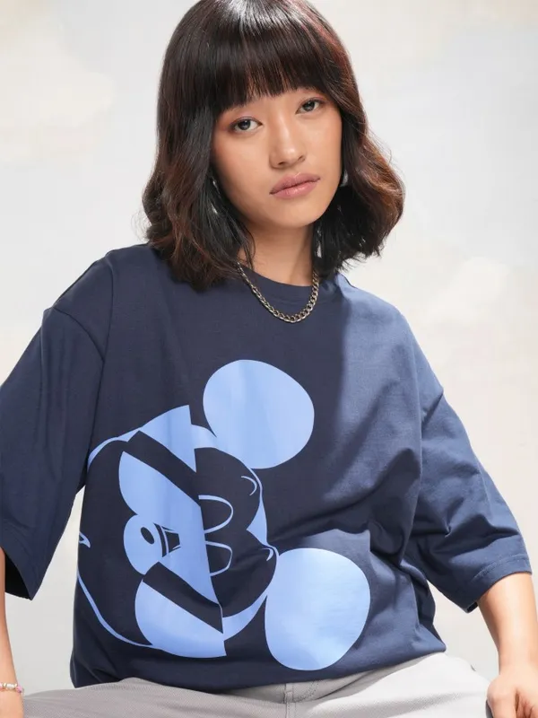 Disney By Tokyo Talkies Women Navy Blue Mickey Mouse Printed Round Neck T-Shirt