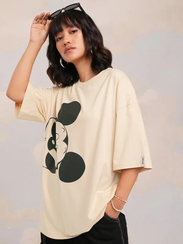 Disney By Tokyo Talkies Women Beige Mickey Mouse Printed Round Neck T-Shirt