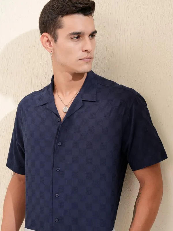 Highlander Men Navy Blue Textured Relaxed Fit Casual Shirt