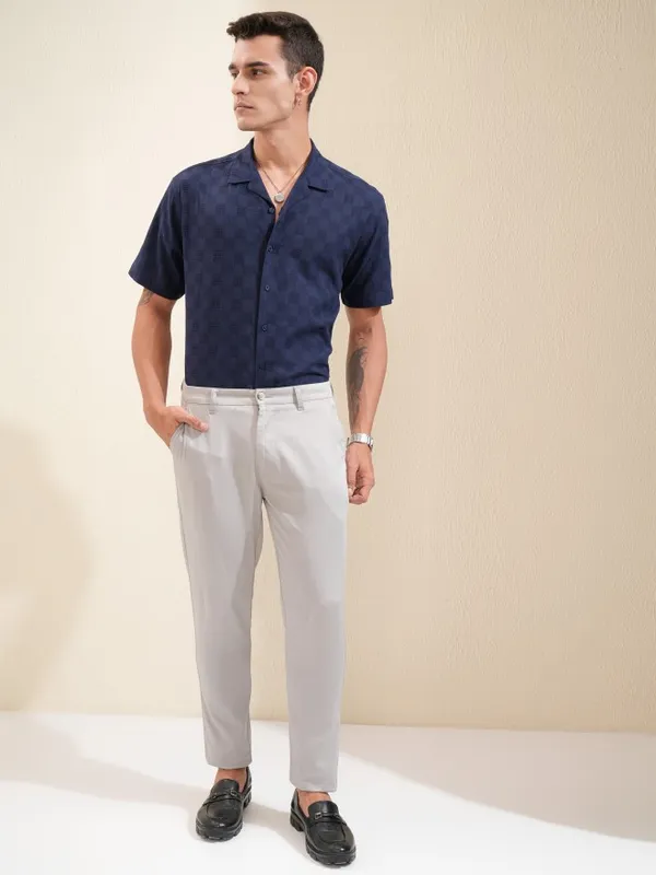 Highlander Men Navy Blue Textured Relaxed Fit Casual Shirt