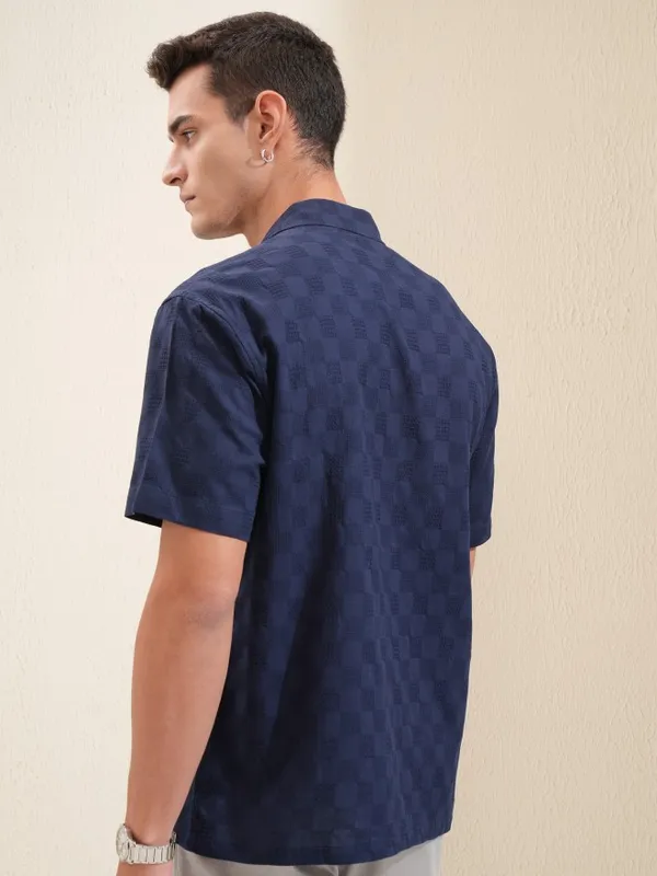 Highlander Men Navy Blue Textured Relaxed Fit Casual Shirt