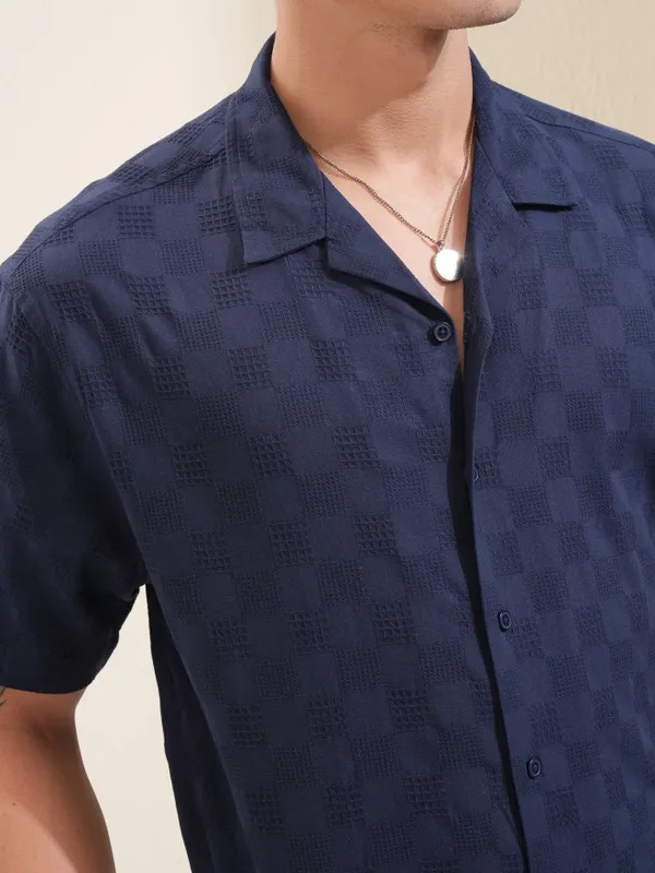 Highlander Men Navy Blue Textured Relaxed Fit Casual Shirt