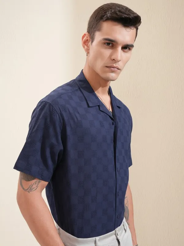 Highlander Men Navy Blue Textured Relaxed Fit Casual Shirt