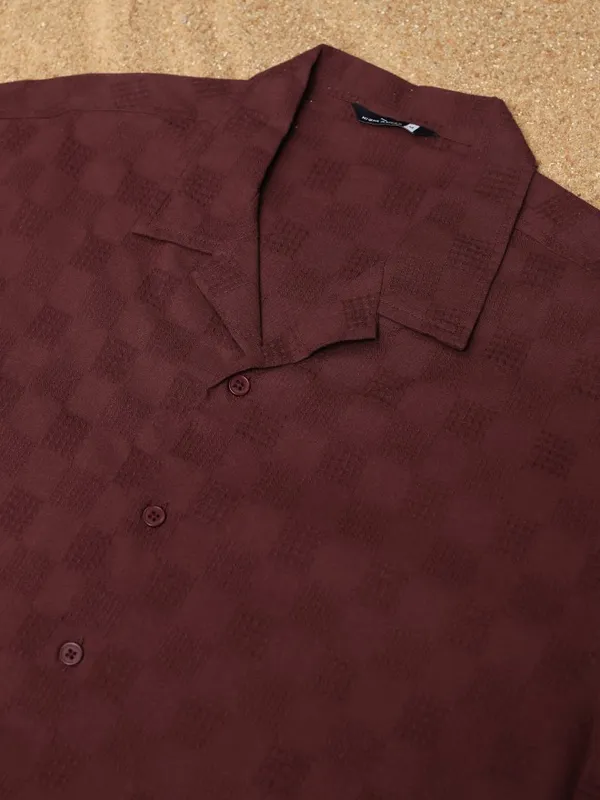 Highlander Men Maroon Textured Relaxed Fit Casual Shirt
