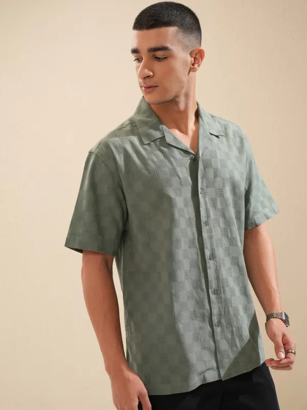 Highlander Men Green Textured Relaxed Fit Casual Shirt