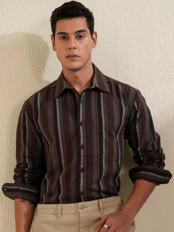 Locomotive Men Brown Striped Oversized Fit Casual Shirt
