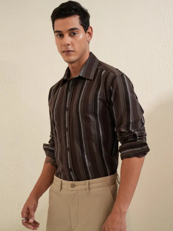 Locomotive Men Brown Striped Oversized Fit Casual Shirt
