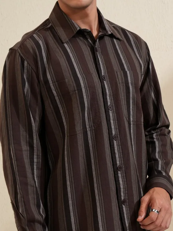 Locomotive Men Brown Striped Oversized Fit Casual Shirt