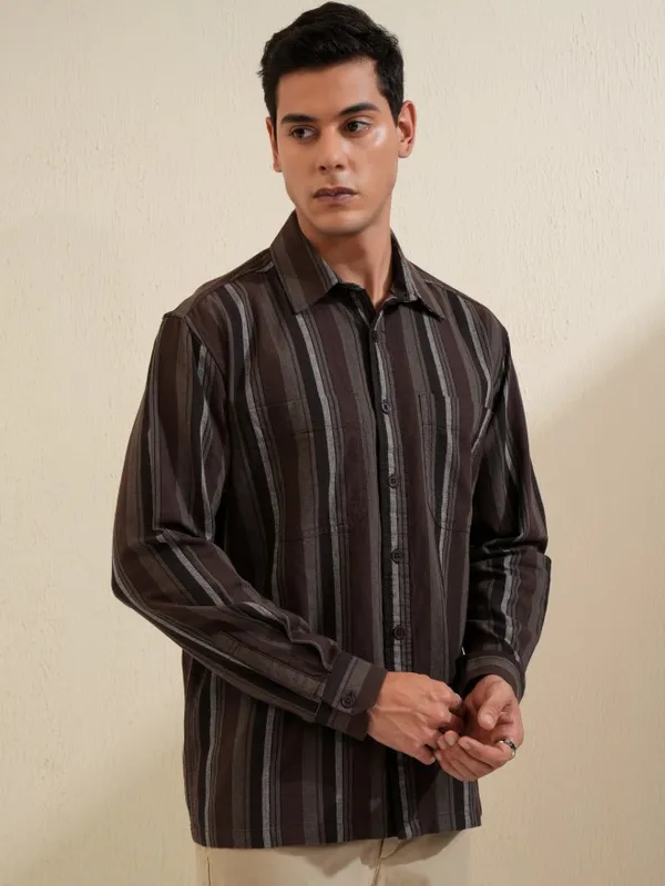 Locomotive Men Brown Striped Oversized Fit Casual Shirt